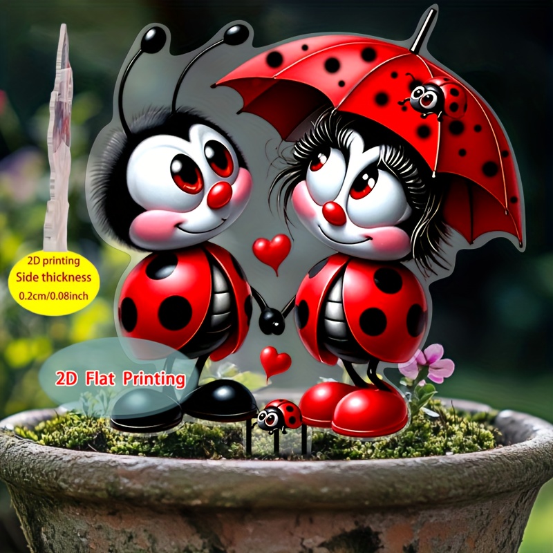 TEMU Décoration 2D Plate, 2D Bohème Coccinelle - Décoration d'extérieur rouge et noire à pour jardin et mariage, Installation par piquet de sol,