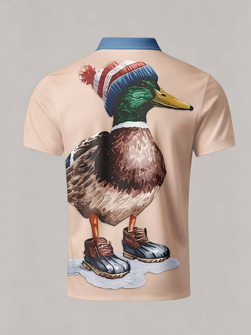 mens short sleeve shirt with flat texture headed duck wearing a hat and shoes print stylish and minimalist short sleeve with buttons casual lapel shirt fashionable and versatile suitable for dates