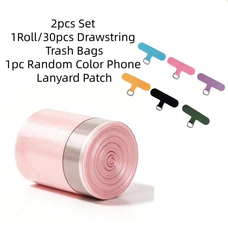 TEMU 2pcs Set (1 Roll/30pcs Drawstring Trash Bags And 1pc Random Color Phone Lanyard Patch) Extra Thick And Durable Drawstring Trash Bags, Large