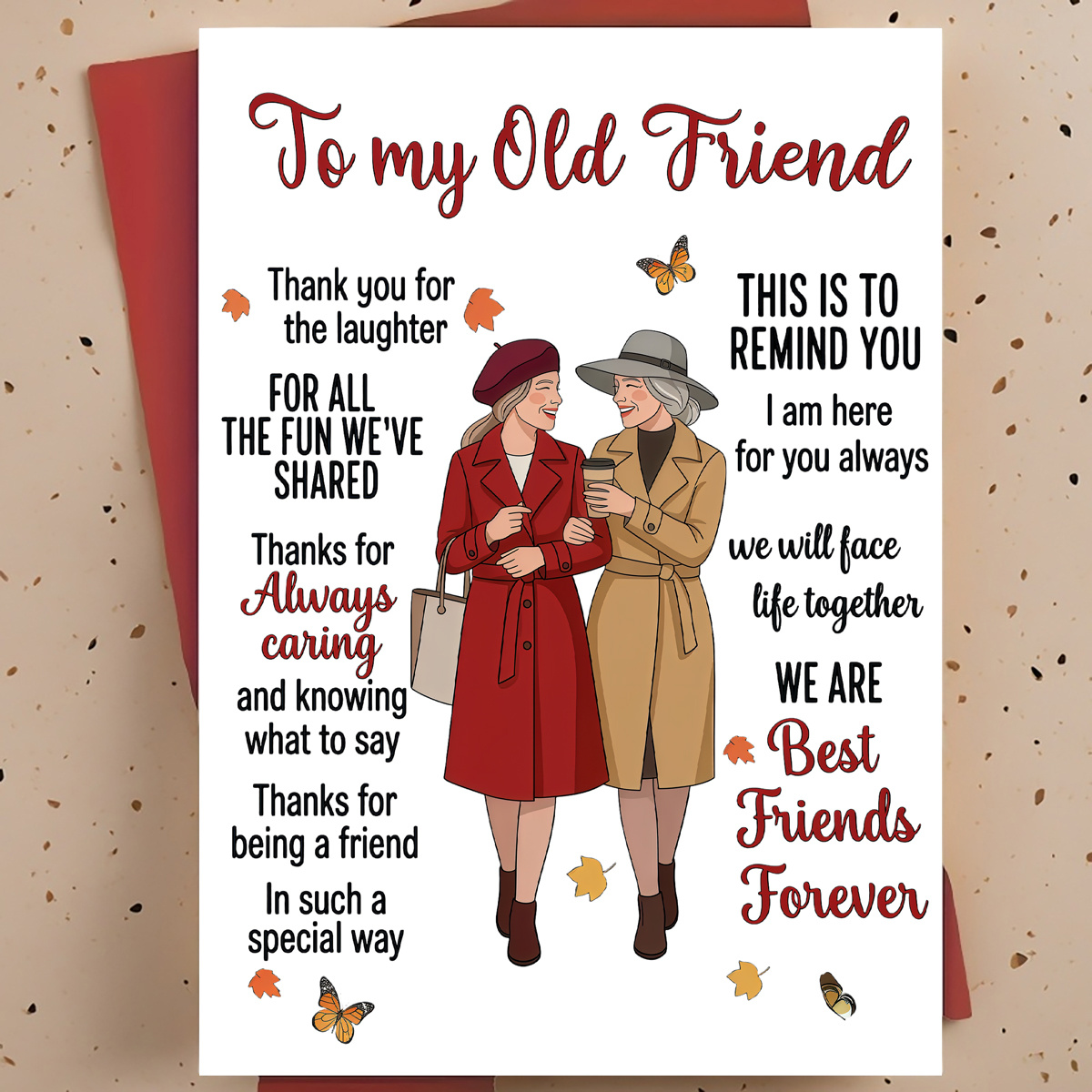 TEMU 1pc Friendship Appreciation Greeting Card For , Best Friend – 2 Women Autumn Leaves Modern Illustration, Card, With Envelope