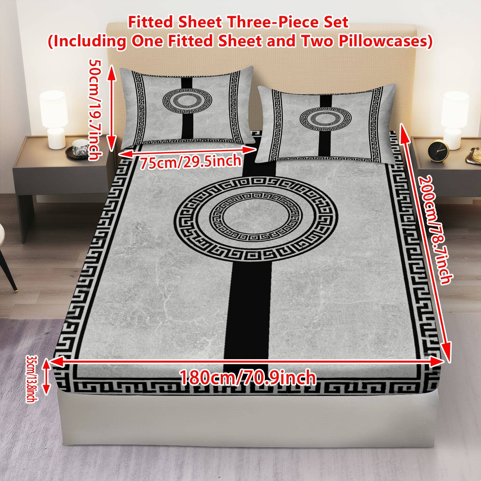 TEMU 3pcs Geometric Greek Classic Fitted Sheet 3pcs Set (1*fitted Sheet 2*pillowcases, ), Everyday Theme, Elegant Bedding, Mattress Protector Soft,