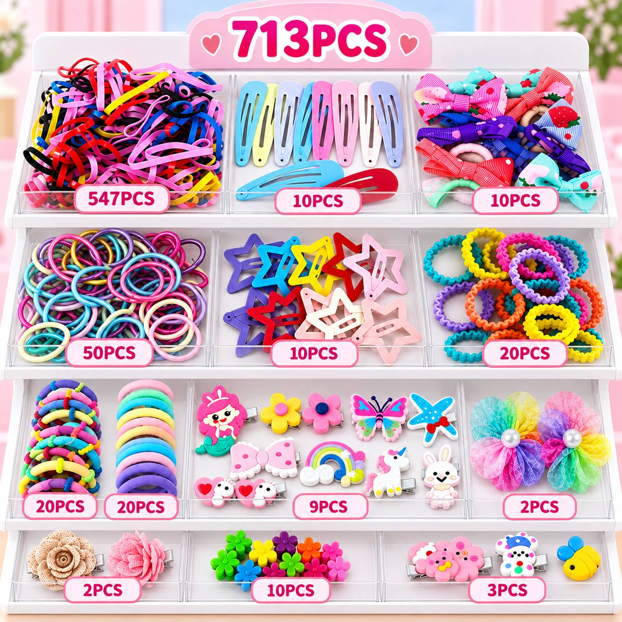 TEMU 713pcs Women's Hair Accessories Set, Assorted Hair Ties, Elastic Bands, Mini Hair Clips& Cute Decorative Hair Accessories For Daily Hairstyles,
