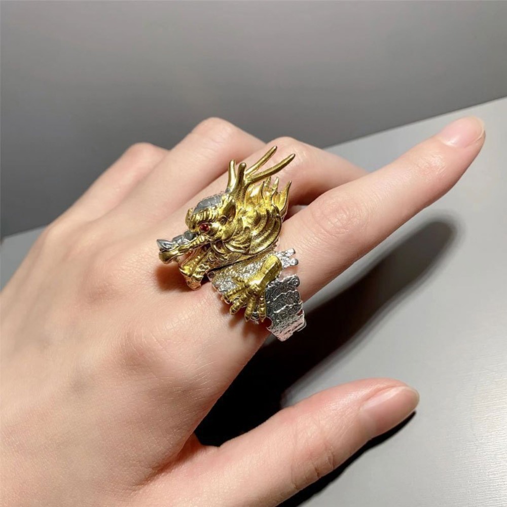 TEMU 1pc Vintage Rugged Oriental Dragon Sculpture Statement Ring, Detailed Claw& Textured Open , Gothic Biker Jewelry For Halloween Edgy Costumes,