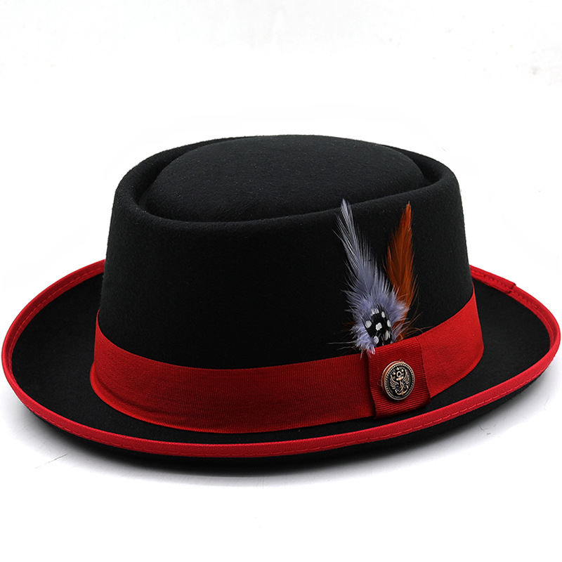TEMU Men's And Women's British Style Felt Top Hat With Small Brim And Feather Top Hat - Elegant Black/red/burgundy Jazz Hat For Weddings, ,