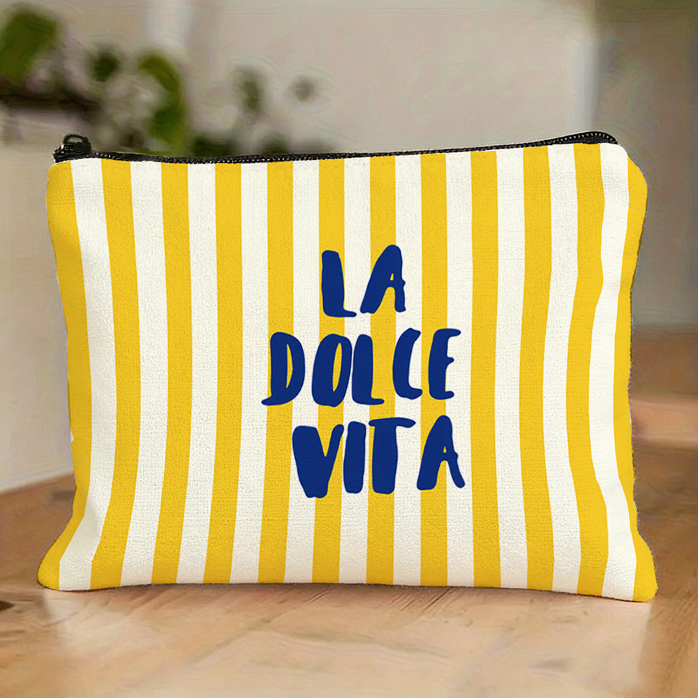 TEMU 1pc, Sac à cosmétiques à fermeture éclair avec imprimé de lettres bleues LA VITA et rayures verticales jaunes et blanches, Trousse de toilette,