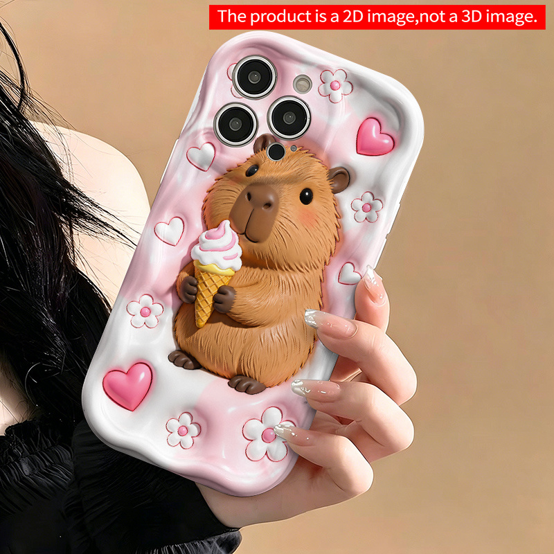 Image of Phone Case - Phone 18pro Max Cute Capybara Ice Cream Heart Flower Pattern Case, Wavy Cushioning, Protection, Shockproof Soft Tpu Cover For 17 Pro Max/16/15/14/13/12 Pro Max