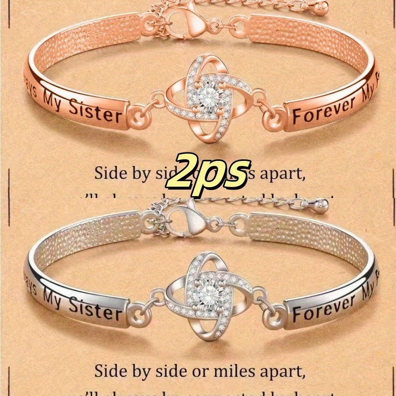 TEMU 2pcs Vintage Copper Bracelet Set With Moissanite Inlay, 925 Silver Plated, & Gift For Sister, Mother, Anniversary, Thanksgiving, Valentine's, Birthday, Day