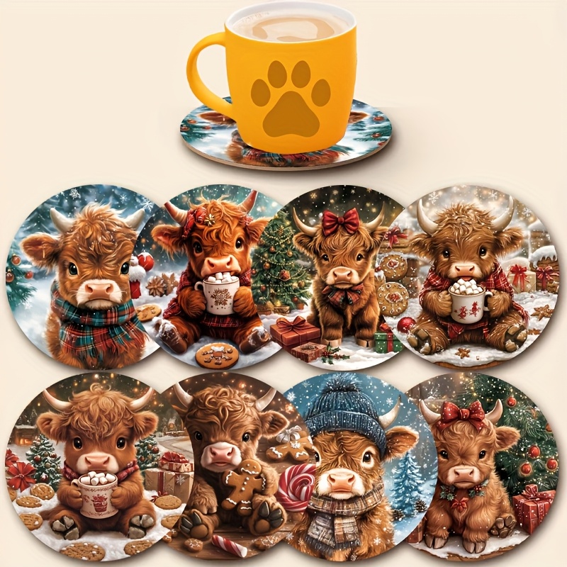 TEMU Set van 8 Schattige Highland Koeien Onderzetters, Kerst Winter Thema Drink Onderzetters, Antislip Hittebestendige Tafelmaten voor Bekers/Glazen,