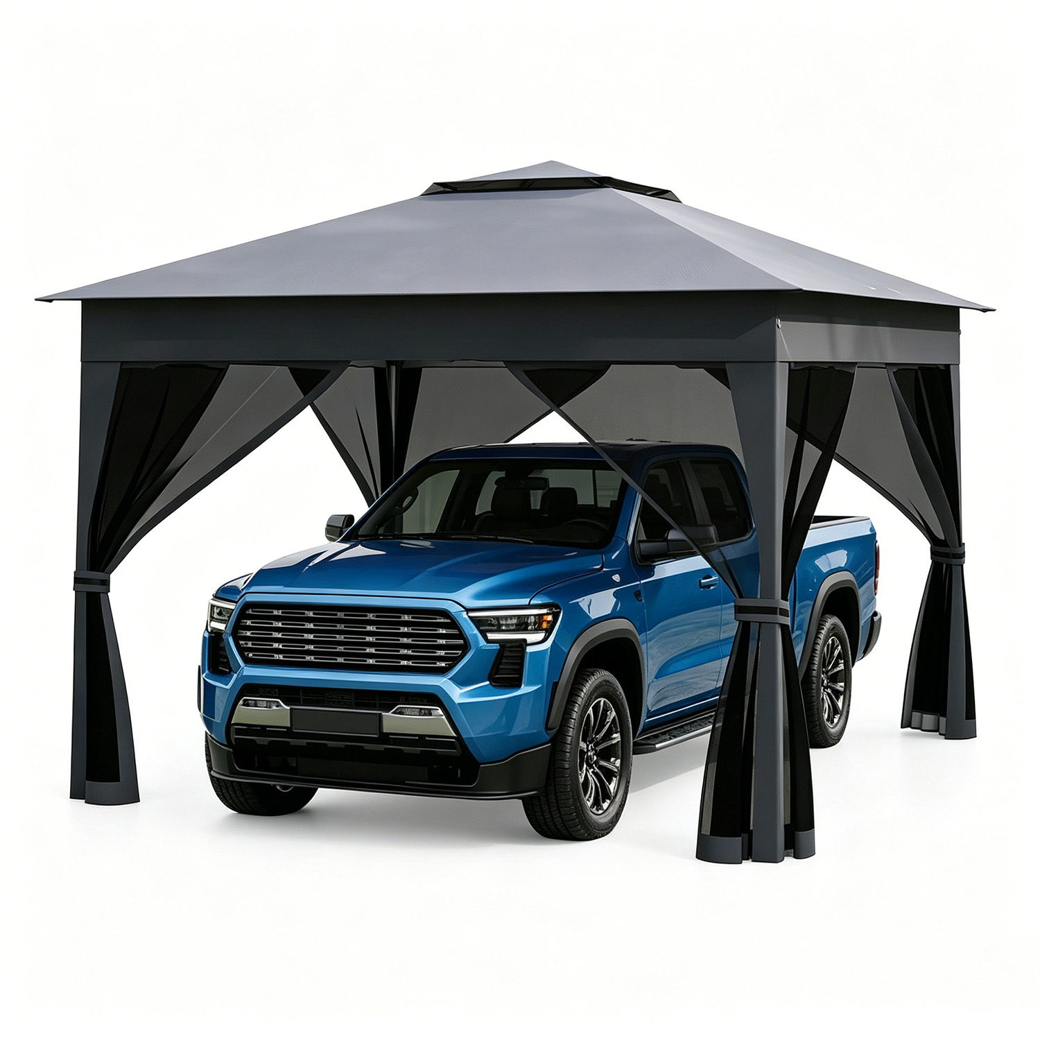 Image of 338 X 338 Cm Pop Up Carport W/ Mesh Screen Netting, Carrying Bag, 4 Zippered Doors, Instant Gazebo, Outdoor Car Shelter For Truck & Party, Easy Setup