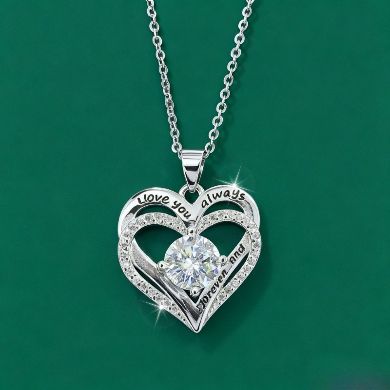 E-shop Eine stilvolle 925er Sterling Silber 1- Moissanit Herzförmige Anhänger Halskette für Männer und Frauen, geeignet für den täglichen Gebrauch,