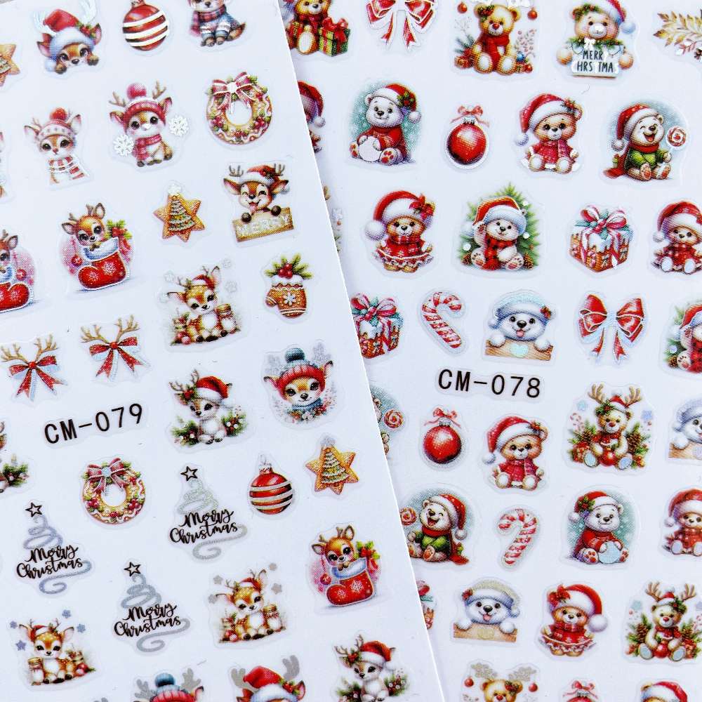 2pcs Christmas Nail Art Stickers Cute Bear, Elk, Bow, Bell Pattern Self-adhesive Nail Decals Winter Nail Decoration New Year Additions Nail Art Supplies