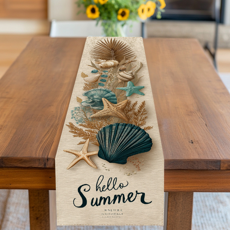 E-shop Tischläufer mit Muscheln und Seesternen | "Hello Summer" Design in Beige- und Blautönen, Polyester, ideal für Sommerfeiern, Strandpartys,