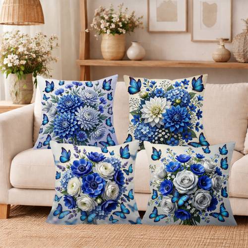 4pcs blue white floral throw pillow covers suitable for sofa bed chair cushion cases with zipper closure contemporary botanical decorative pillowcases for housewarming gift machine washable shams inserts not included