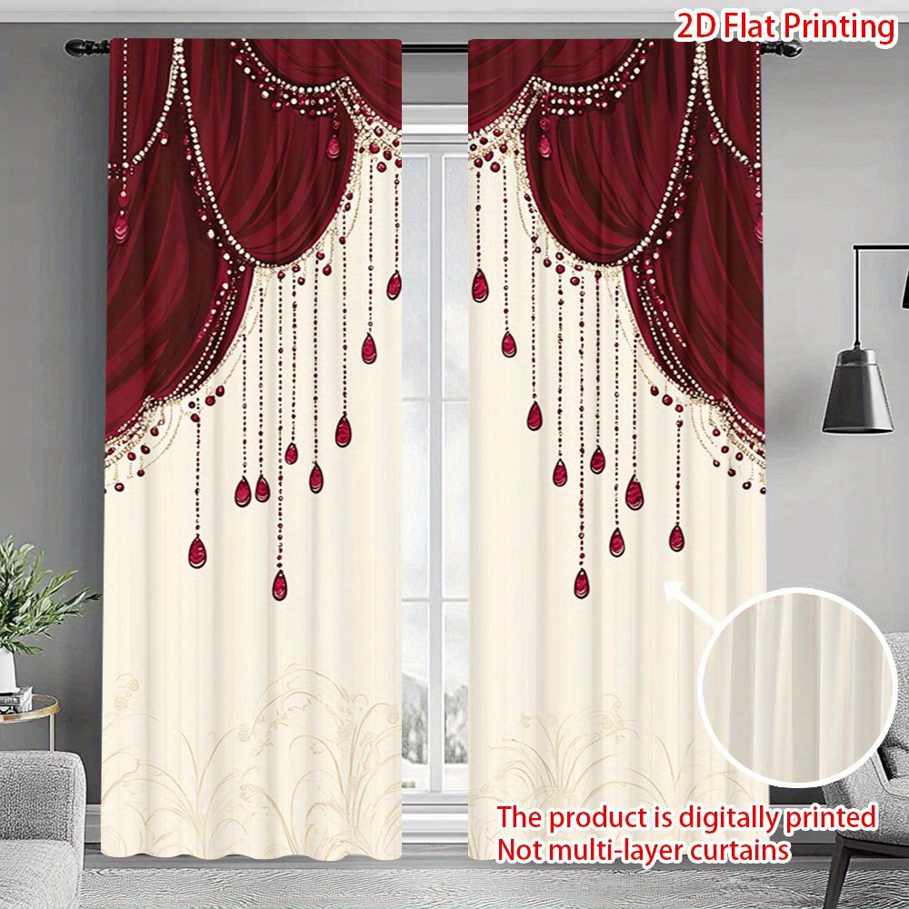 TEMU 2d Flat - 2pcs 2d Flat Printing Curtains, Red Curtains With Leaf Pattern - Perfect For Decorating Your Living Room, Suitable For Home Decoration
