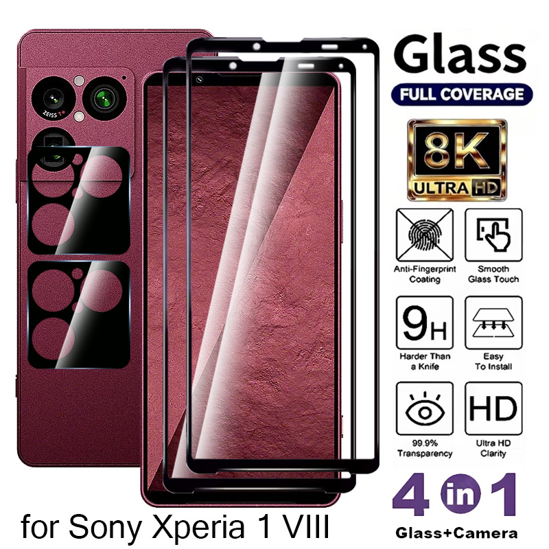 TEMU 2pcs Tempered Glass Screen Protector With 2 Camera Lens Film For Xperia 1 Viii, Full Coverage With Fingerprint Unlock Support
