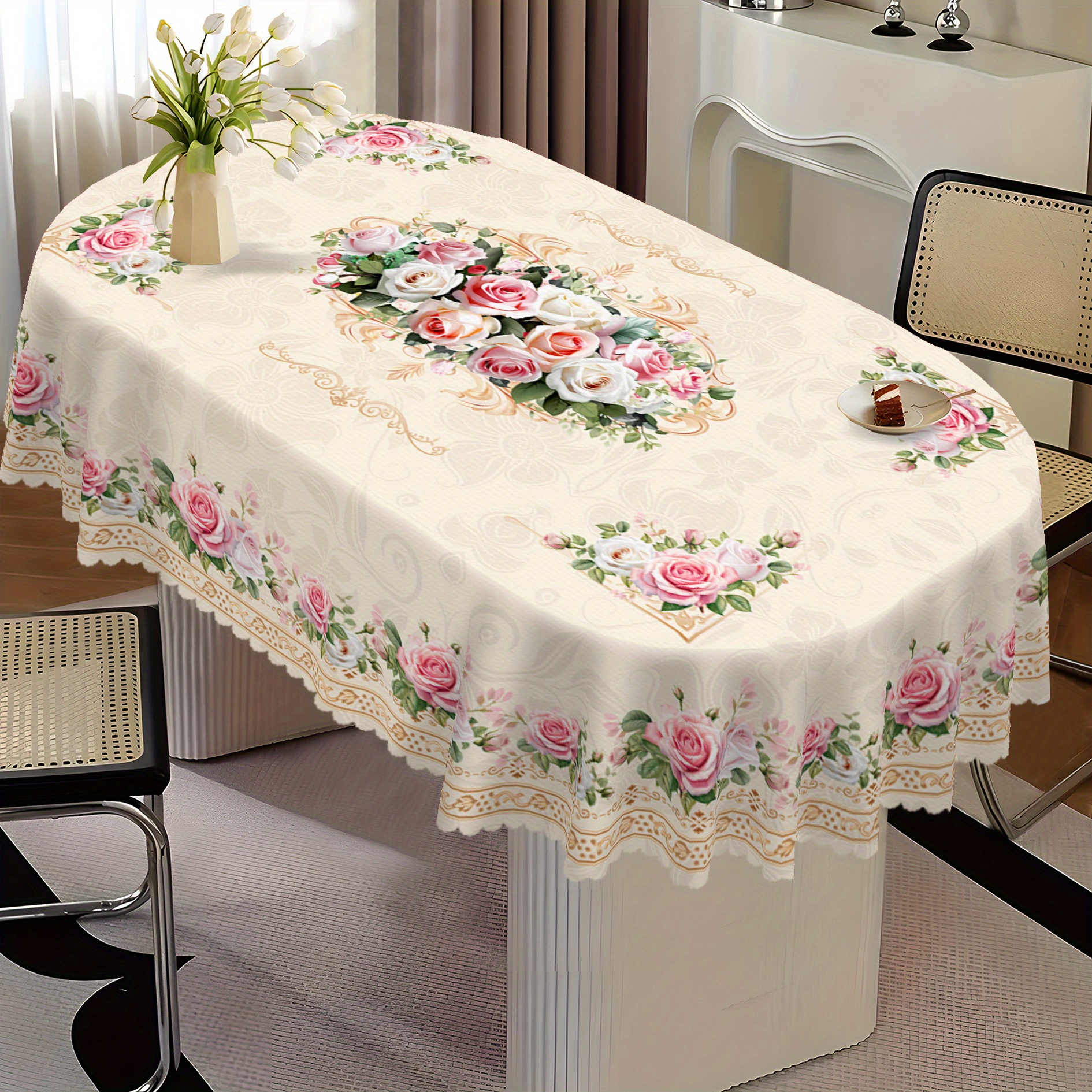elegant   floral tablecloth suitable for spring summer decor pink white roses on light beige rectangular table cover machine made suitable for weddings parties indoor outdoor use care table setting
