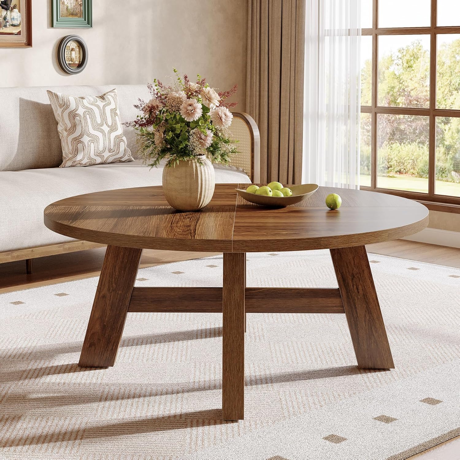 Large Round Coffee Table Suitable For Living Room, Mid-century Walnut Wood Table With Reinforced Cross Brace Base, Low Profile Round Center Table For Small Spaces, Apartments, Assembly ( Wood)