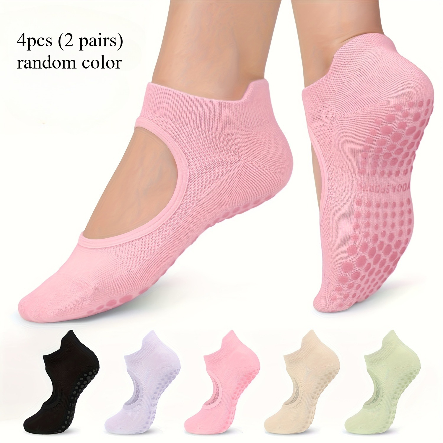 TEMU 4pcs () Random Color Women's Non-slip Pilates Yoga Socks - Open Toe With Arch Support, Breathable For Exercise, Ballet, Dance - In