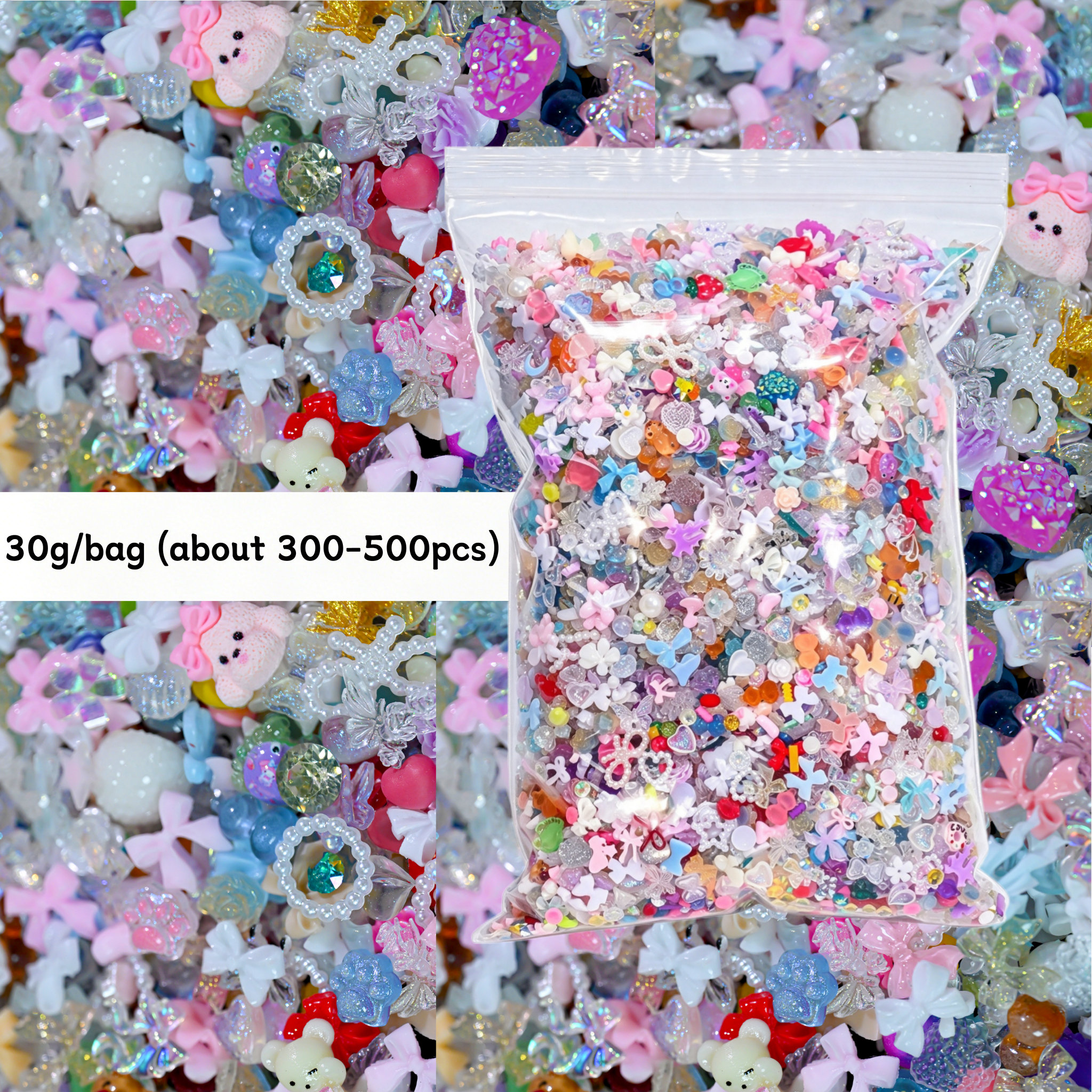 TEMU 300-500 pièces (30g) Charmes à ongles 3D en résine pastel Kawaii pour art d'ongles DIY - Lot d'ornements nœud, rose, , papillon, et cœur avec ,