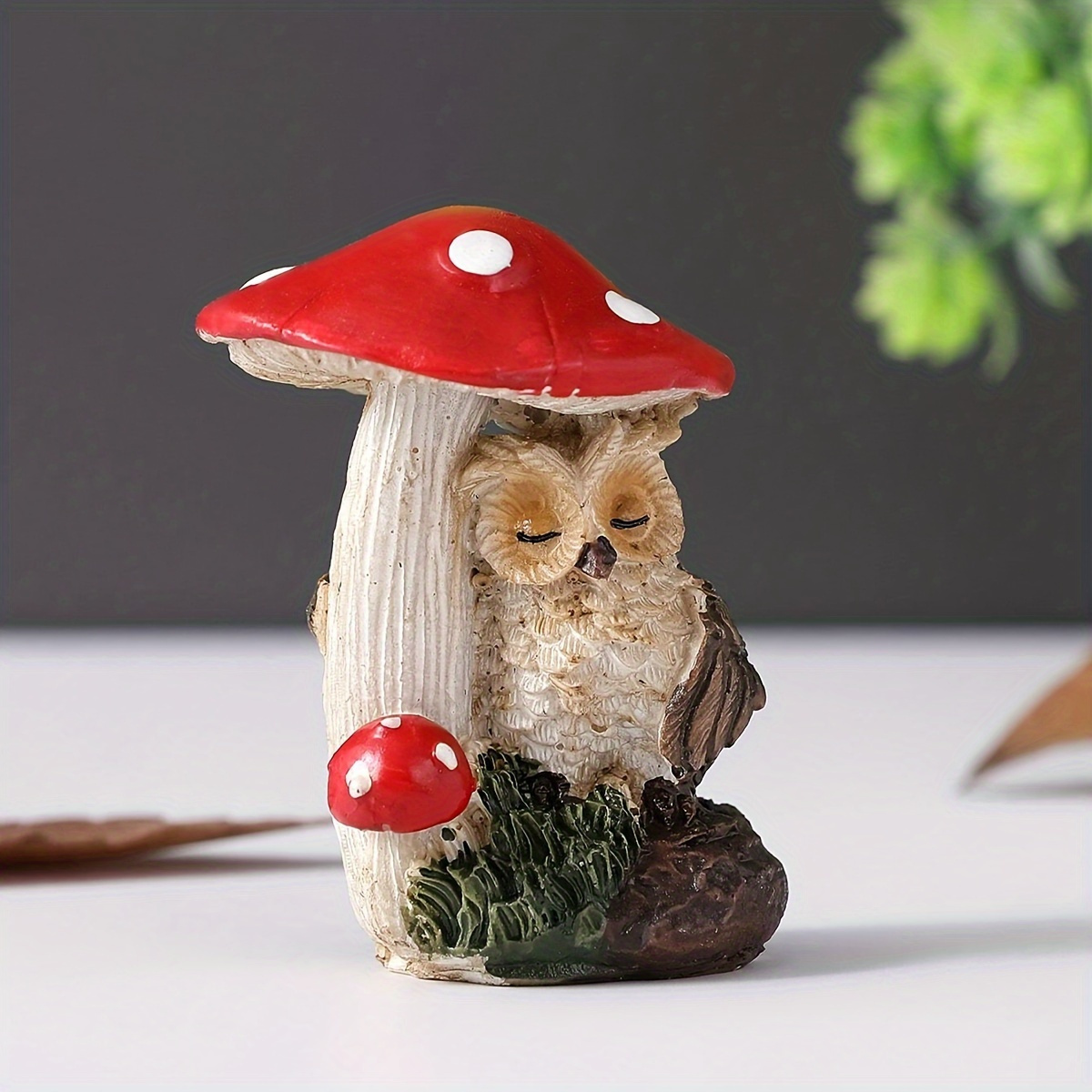 Image of 1pc Of Mini Mushroom Owl Statue, An Animal And Plant Design Resin Decoration, Suitable For Home Decor, Living Room, Bedroom, And Office Desk Ornament Gift