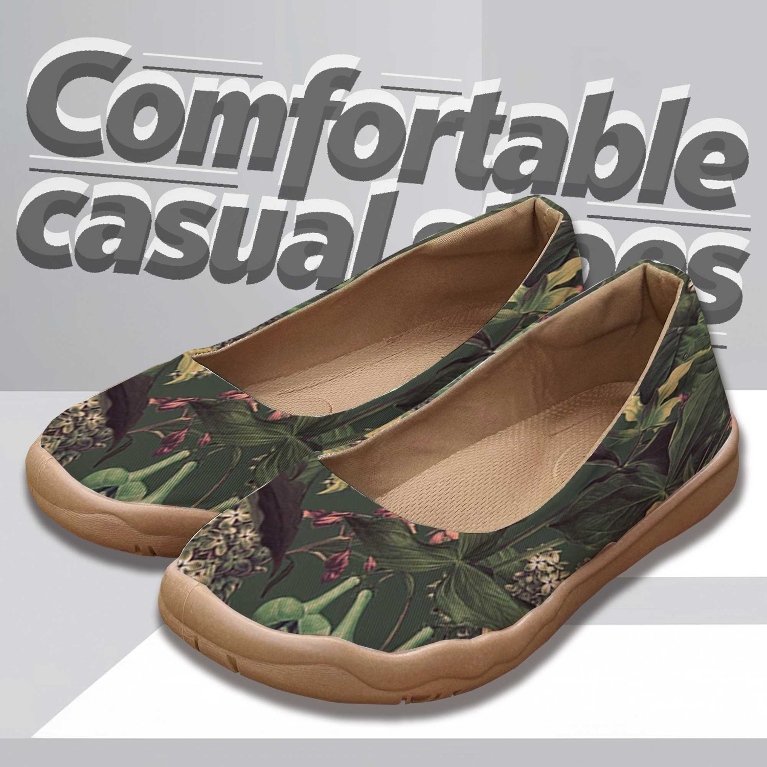 TEMU Women's Spring Summer Painting Plant 2d Print Light Soft Breathable Slip-on Wide Fit Casual Flat Shoes, Suitable For Outdoor Sports And Hiking