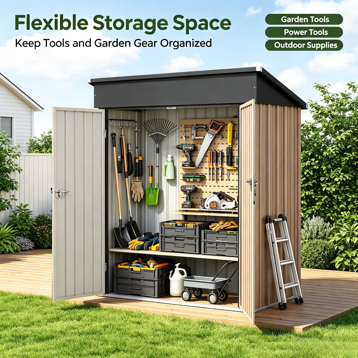 1.5 X 0.9 Meters Metal Garden Cabin, Galvanized Outdoor Storage Shed, With Reinforced Roof, Lockable Door And Hanging Roof, Sturdy And Durable, Suitable For Backyards, Patios, Gardens, Brown