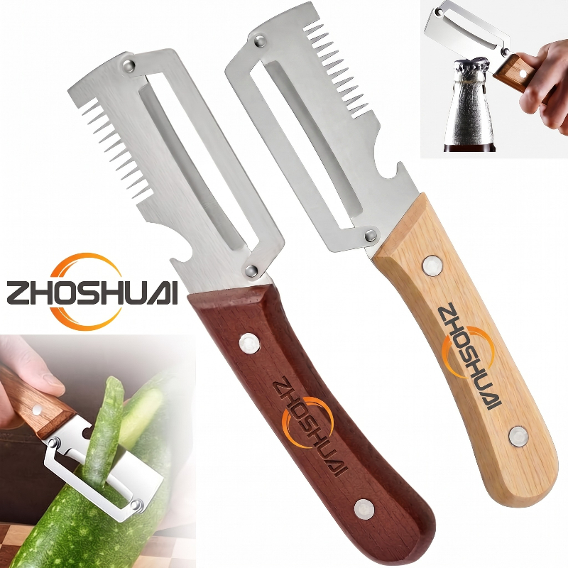 2pcs Heavy-duty Stainless Steel Fruit and Vegetable Peeler and Slicer Set,   with Scallion Cutter. Multi-functional Kitchen Gadgets with Straight Blade and  , Premium Vegetable Peeler Featuring Wooden Handle and Bottle Opener
