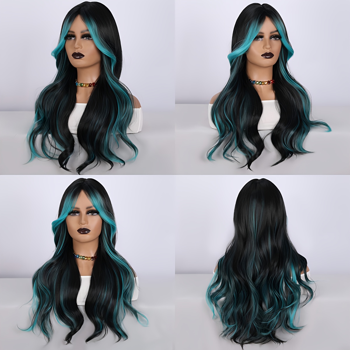 Image of 26inch Ombre Synthetic Hair Wig - Black To Turquoise/pearooster Green Suitable For Concerts, Y2k Hairstyle With High-density Transition, Quick Styling & Cap For Daily Wear, Loose For
