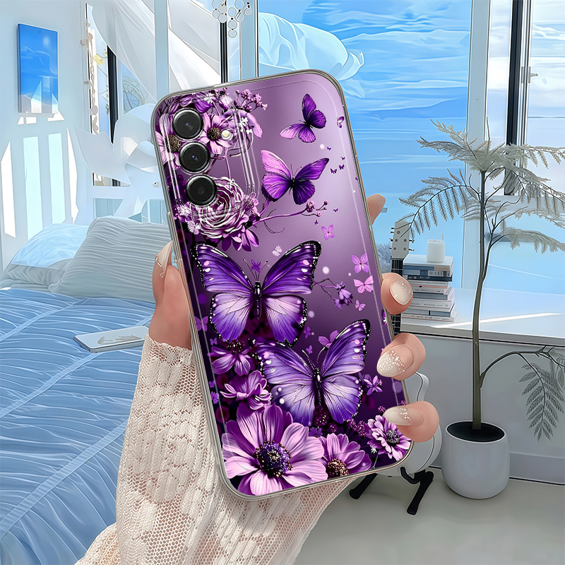 Husă Telefon - Husă Telefon cu Floare și Fluturi Violet pentru Samsung Galaxy A03S A04 A05S A06 A07 A13 A14 A15 A16 5G A17 A22 A23 A24 A25 A26 A32 A34 A35 A36 A37 A52 A53 A54 A55 A56 A57 S21 Ultra S22 Plus S23+ S24 FE S25 S26, Model Desene Animate, Transparentă, Anti-cădere, Acoperire Completă