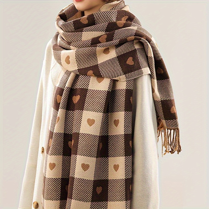 Women's Winter Scarf - Black and White Checkered with Golden Heart Pattern - Non-Stretch Elegant Shawl for Cold Weather - Suitable for Formal and Casual Wear - Vintage Fashion Accessory with Fringed Edges and Exquisite Craftsmanship