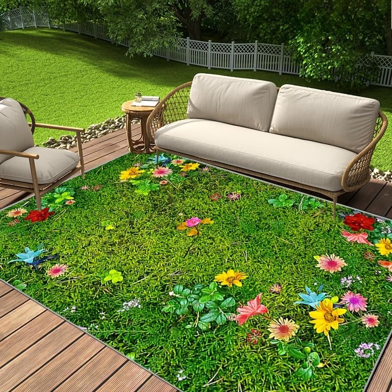 E-shop 1 Stück Vibrantes Rasen-Floral-Muster-Außenbereichsmatte, 800g/sqm - Langlebiger Polyester, Maschinenwaschbar, Ideal für Terrasse, Deck, Rasen,