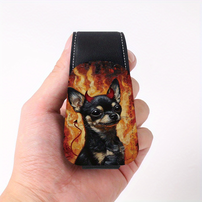 TEMU 1pc Unique Printed Car Sunshade With A Chihuahua Design, Featuring A Glasses Holder Clip, Magnetic Glasses Hook, And Card Holder For Glasses,