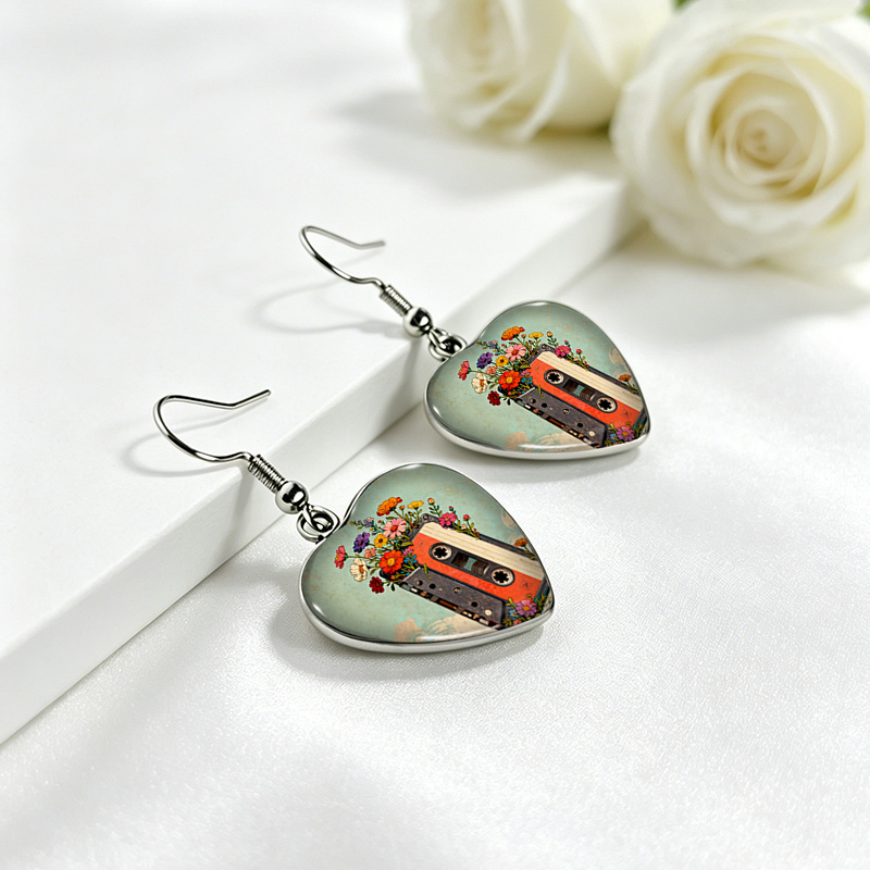 1 Pair Cassette Tape Blooms with Wildflowers Dangle Earrings