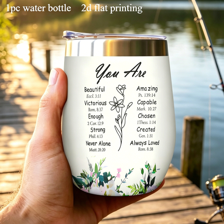 TEMU 1pc 12oz/ 360ml 2d Printed Water Bottle With Lid Thermal Travel This Image Displays Uplifting Biblical Phrases With Delicate Floral And Line Art