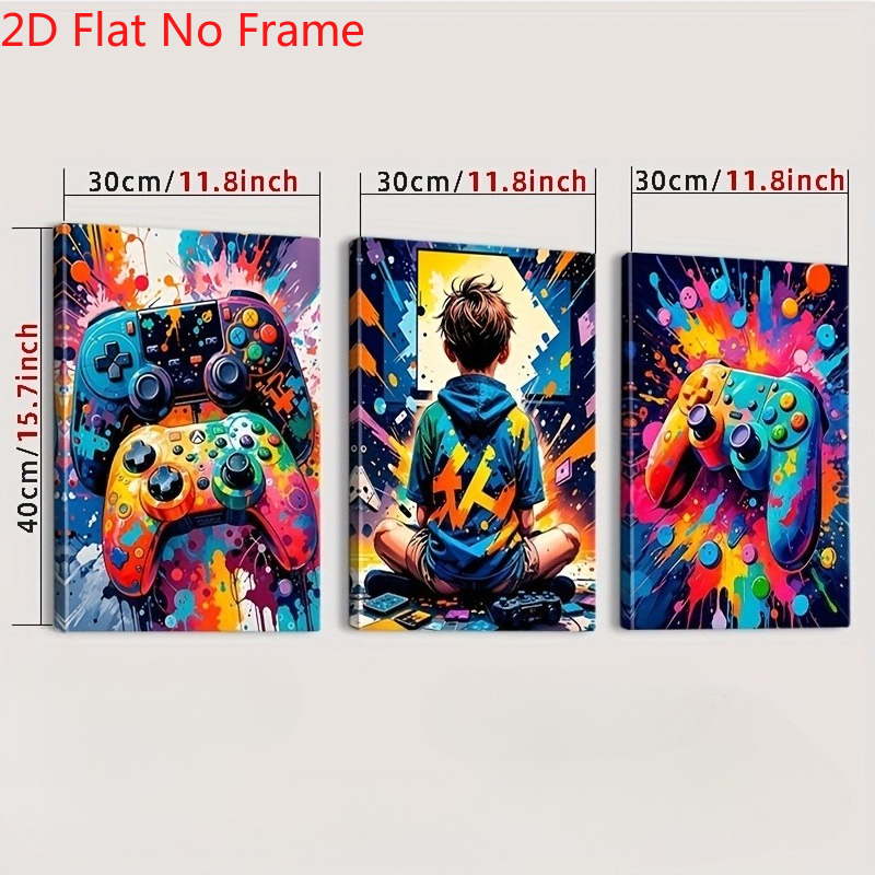 TEMU 2d Flat, 2d Flat, 2d/flat Frameless, 3pcs Set Of Colorful Game Controllers And Men' Canvas Prints, Ideal For Gaming Enthusiasts, Gaming Room