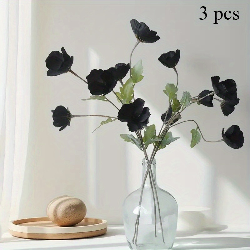Image of 3pcs Halloween Vintage Artificial Poppies, Spooky Blooming Black Plastic For Halloween Party Gothic Decoration, Weddings, Home, Garden, Office Decor