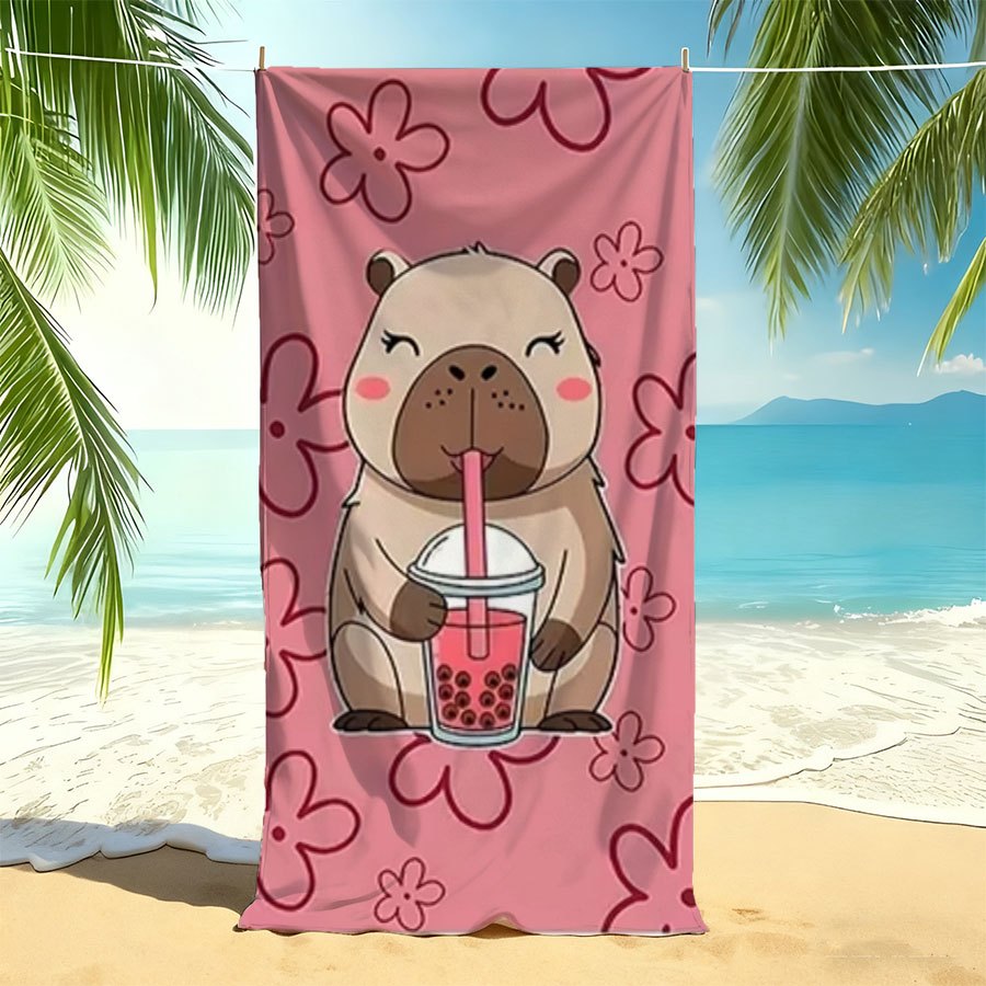 1pc Beach Towel, Cartoon Capybara Holding Pearl Milk Tea Beach Towel, Beach Towel, Very Suitable For Swimming, Fitness Exercise, Yoga, Travel, Camping, Use, Beach Additions, Poolside Additions