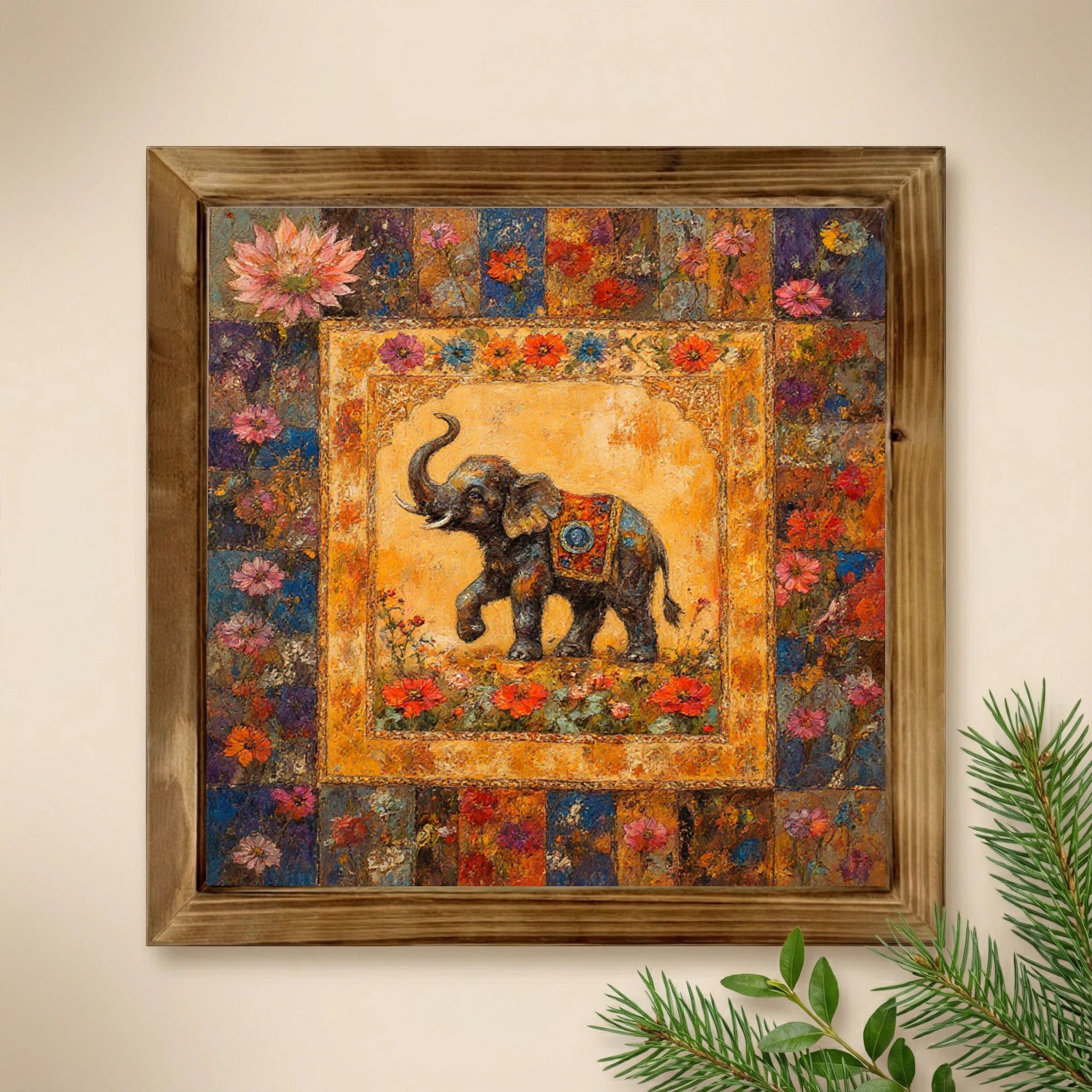 TEMU 2d Flat, Vintage Distressed Square Wooden Photo Frame With Elephant Raised Trunk Illustration - Wood Wall-mountable Frame Suitable For Decor,,