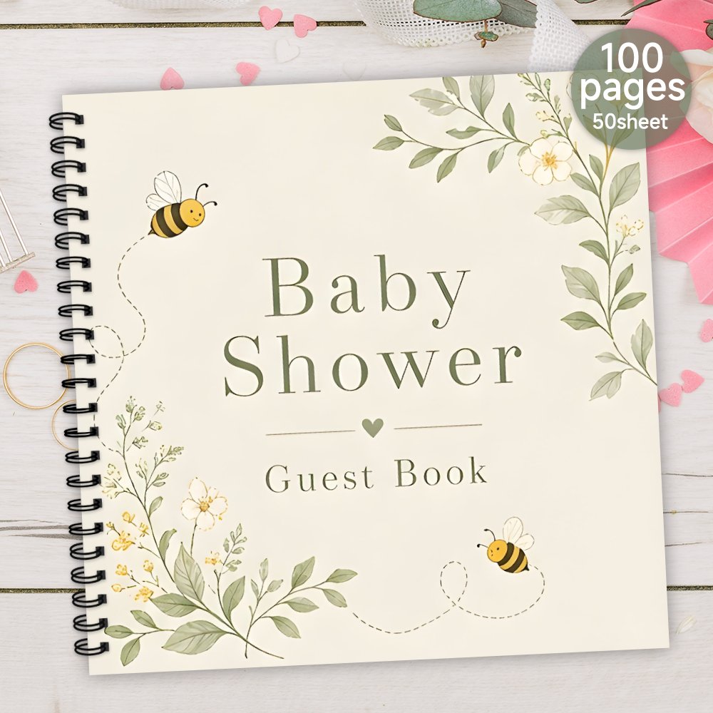 TEMU 1pc Spiral Baby Shower Guestbook, Blank Lined Guest Sign In Book Memory Book Floral Bee Themed Souvenir Album Meaningful Gift For Her And Him