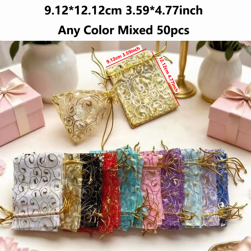 TEMU Gift For Her/him 50pcs Eyelashes Sheer Organza Bag Eyelash Print Wedding Favor Bags Mixed Color Storage Bag Small Gift Card Bags With Drawstring