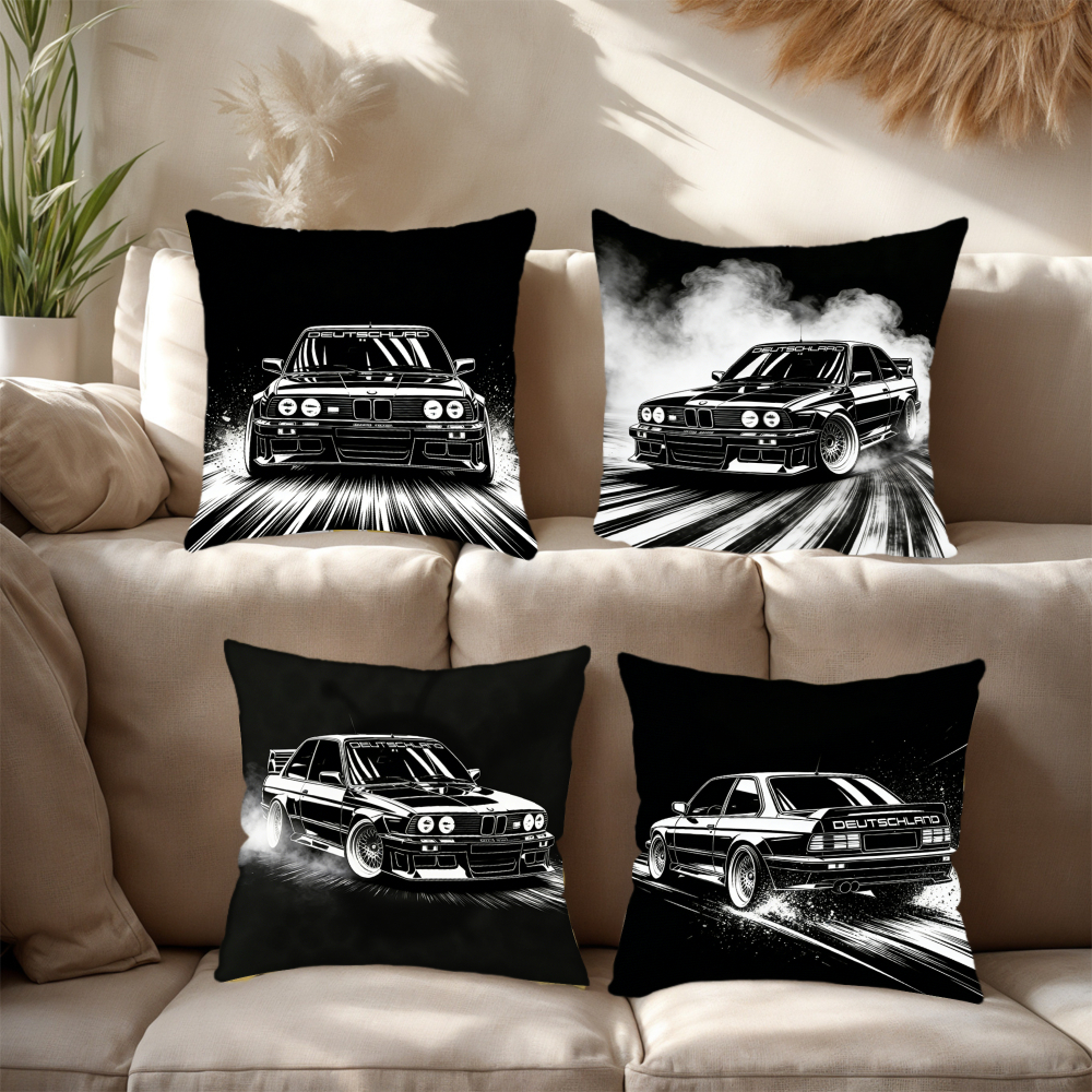 TEMU Car Racing Print Black And White 4pcs 2d Single Side Printed Decorative Pillow Covers Spring Summer Pillow Cases Hidden Zipper Design Machine