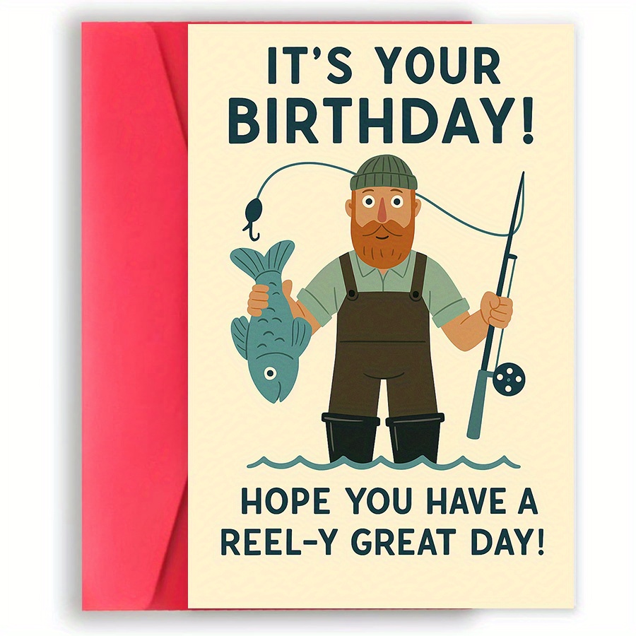 TEMU 1pc Of Humorous Fishing Birthday Card, Suitable For Men, Dads, Husbands, - "happy Birthday!" With Fisherman Illustration - Perfect For , Ideal