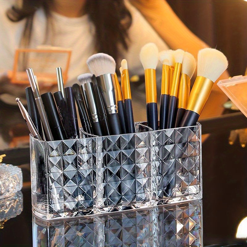 

Clear Acrylic Makeup Brush Holder - 3-slot Organizer For Cosmetic Brushes, Pens & Desk Accessories