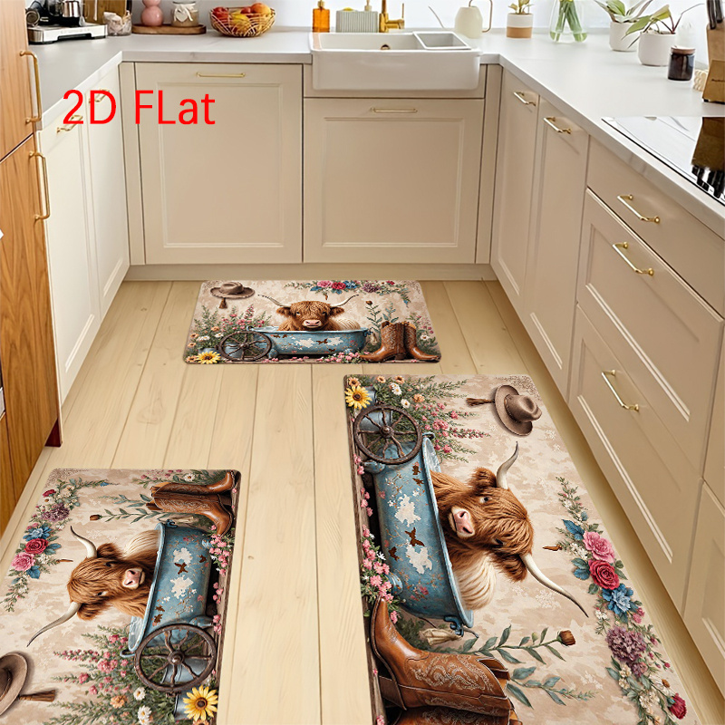 TEMU 2d Flat Kitchen Rug Set, Highland Cow Floral , Lightweight, Soft, Durable, And Comfortable Flannel Floor Mat, Suitable For Kitchen Rugs, Porch