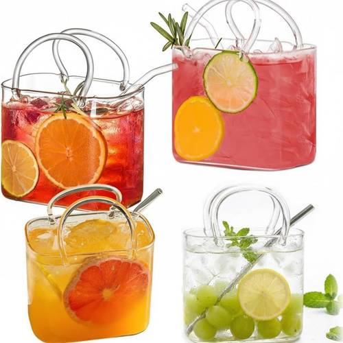 handbag shaped glass cocktail cup set straws and cleaning brush creative glasses trendy cocktail drinkware