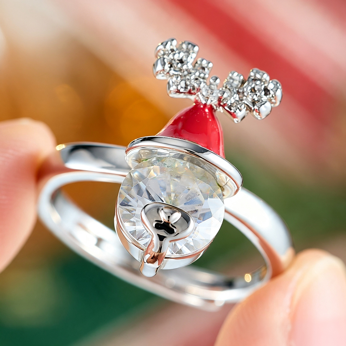 Festive Christmas Antler Statement Ring with Zirconia & Red Enamel