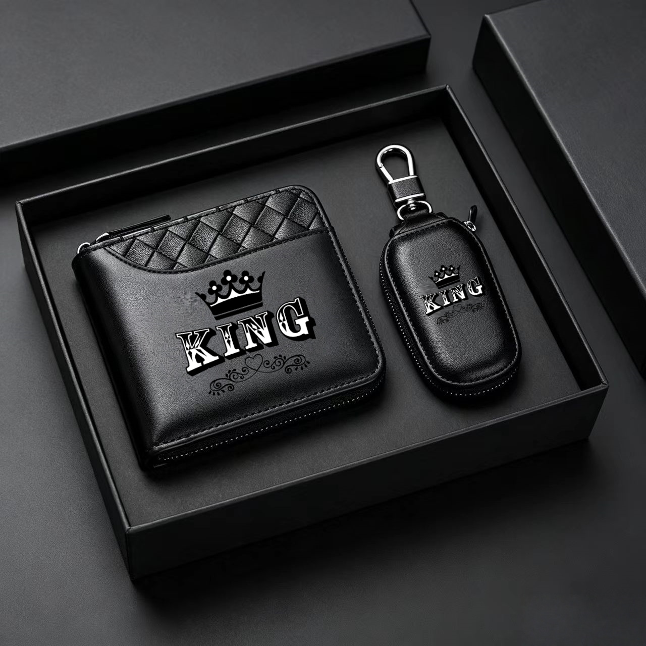 TEMU A 2pcs Set Of Premium Men's Wallets Featuring Logo, Complete With A Car Key Ring. From Black Crocodile-embossed Faux Leather, This Set Makes For