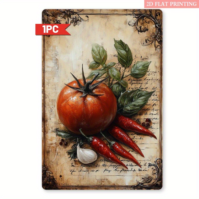 TEMU 2d Flat, 1pc Vintage Tomato Chili Basil Metal Wall Art Sign - 8x12 Inch Rustic Decor With Tomato, Chili Peppers & Basil Leaf - Farmhouse Iron