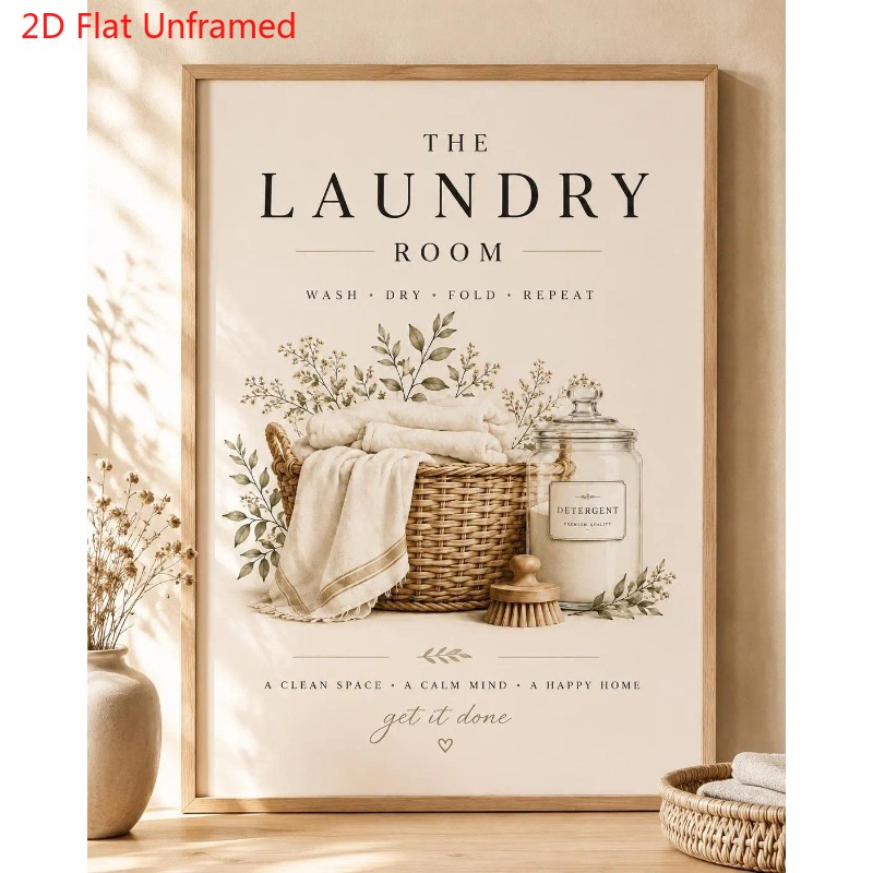 TEMU 2d Flat, 2d Flat, 2d Flat 1pc Laundry Room Poster Canvas Print Posters Neutral Beige Botanical Print Wall Art Posters And Prints Unframed Woven