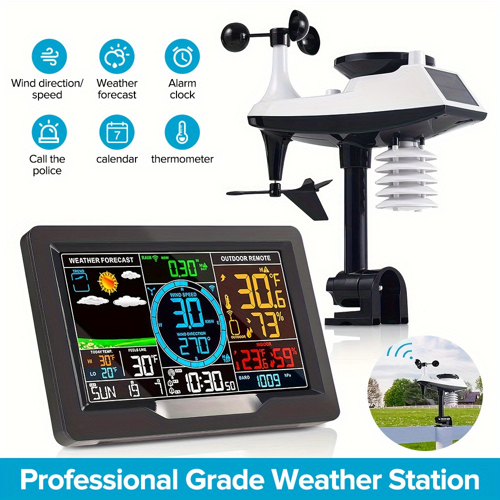   weather station with     weather forecast thermometer barometer hygrometer moon phase alarm clock rain gauge and wind speed   suitable for home indoor outdoor use
